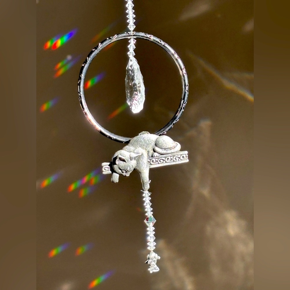 Handcrafted Cat & Mouse Crystal Glass Suncatcher OOAK Upcycled Decor